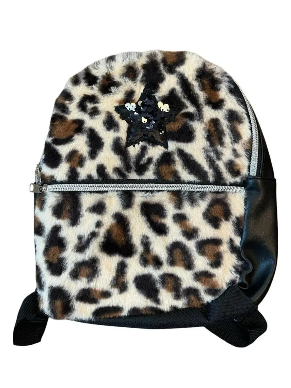 Childrens Little Girls Small Black Backpack Sequin Star Cheetah Print Plush NWT